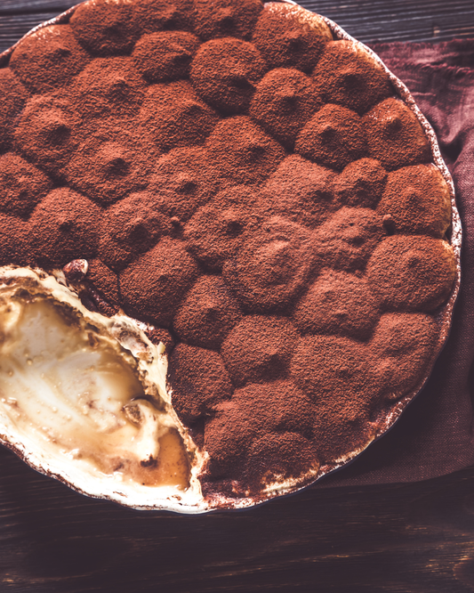 Large sharing tiramisu from Krumb Bakery Belfast, layered with coffee-soaked sponge, mascarpone cream and a dusting of cocoa