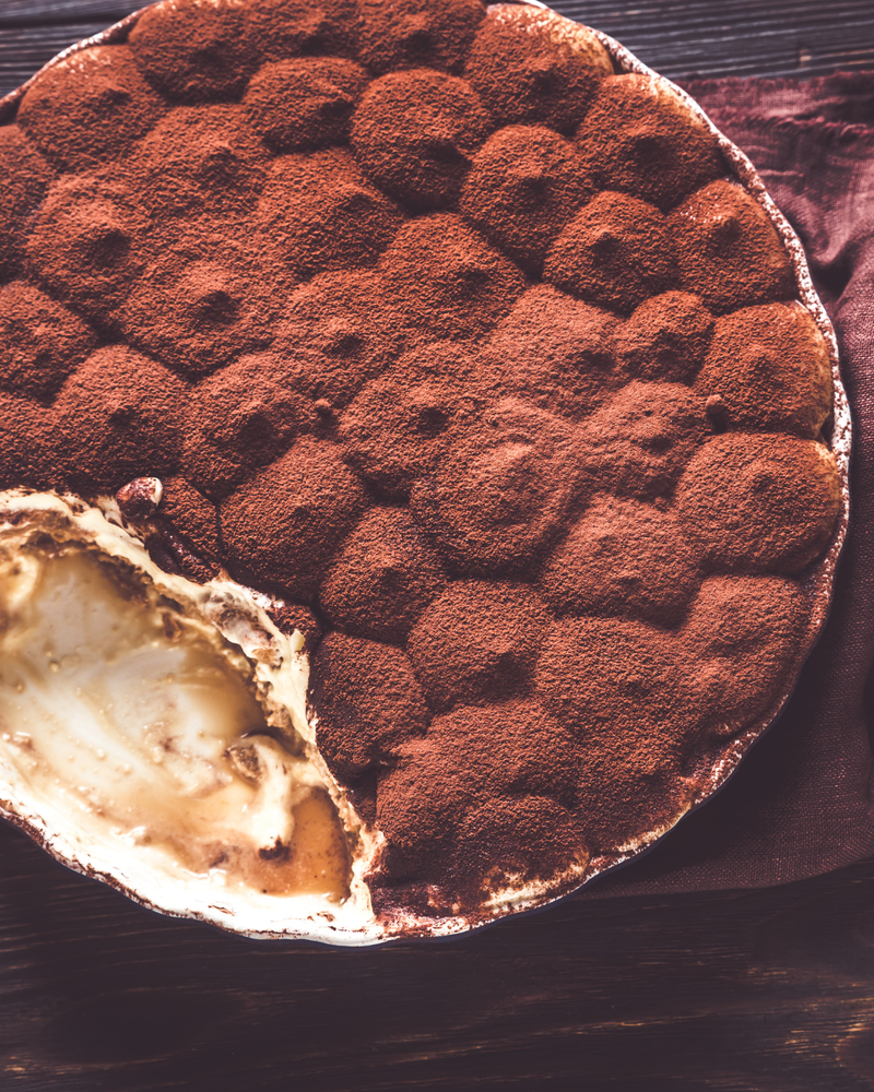 Large sharing tiramisu from Krumb Bakery Belfast, layered with coffee-soaked sponge, mascarpone cream and a dusting of cocoa