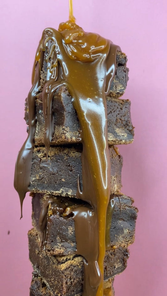 Salted caramel brownie from Krumb Bakery Belfast, fudgy with glossy caramel ripple and flaked salt